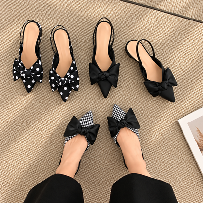 Dámské lodičky | slingback s mašlí a špičatou špičkou | elegantní blokový podpatek