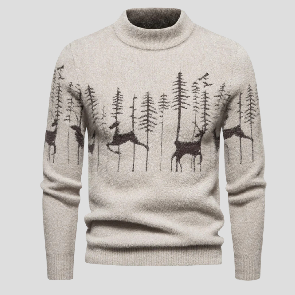 Pull de Noël homme jacquard renne avec motif forêt et demi col