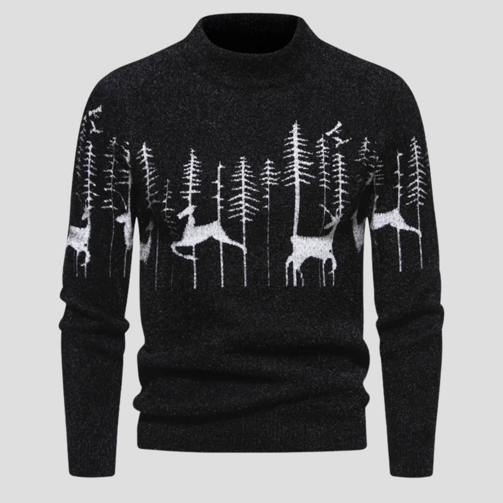 Pull de Noël homme jacquard renne avec motif forêt et demi col