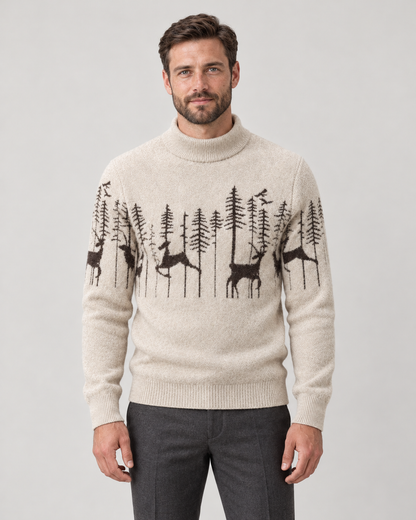Pull de noël homme jacquard renne avec col montant et motif sapin