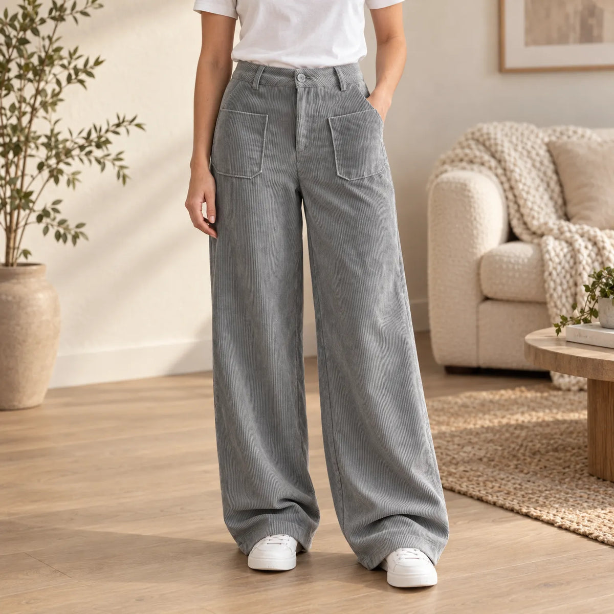 Pantalon velours côtelé femme large taille haute, coupe ample