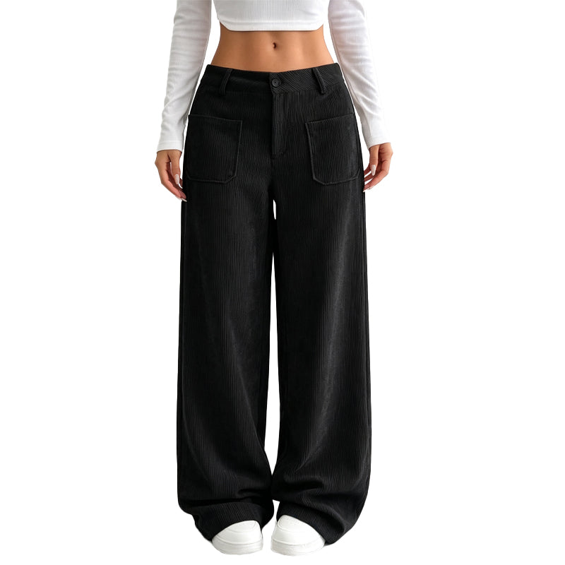 Pantalon velours côtelé femme large taille haute, coupe ample