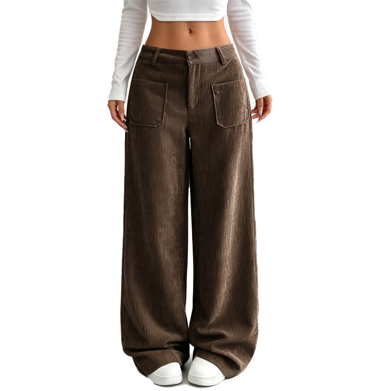 Pantalon velours côtelé femme large taille haute, coupe ample