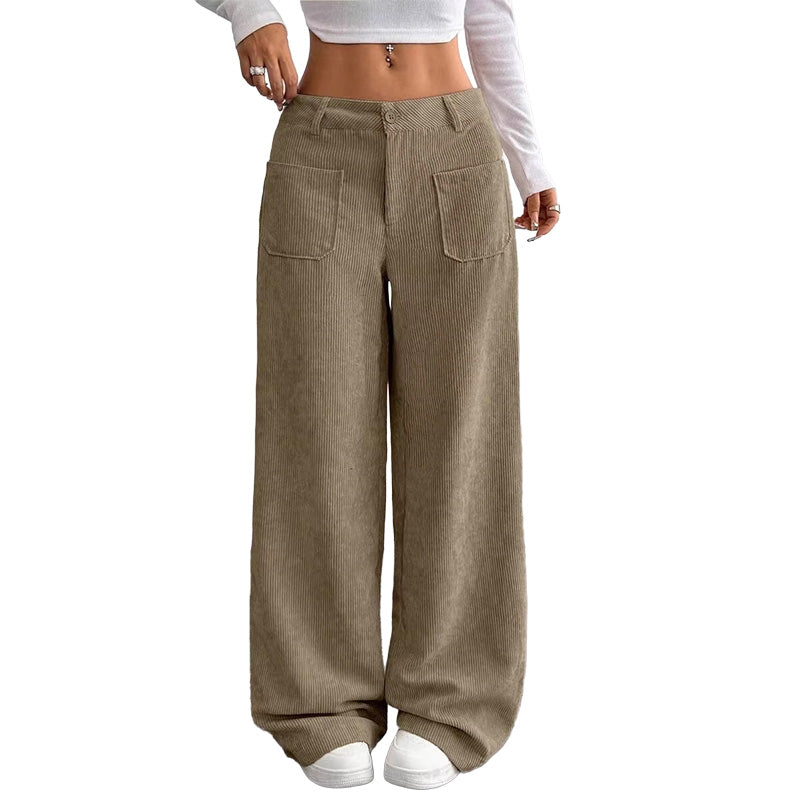 Pantalon velours côtelé femme large taille haute, coupe ample
