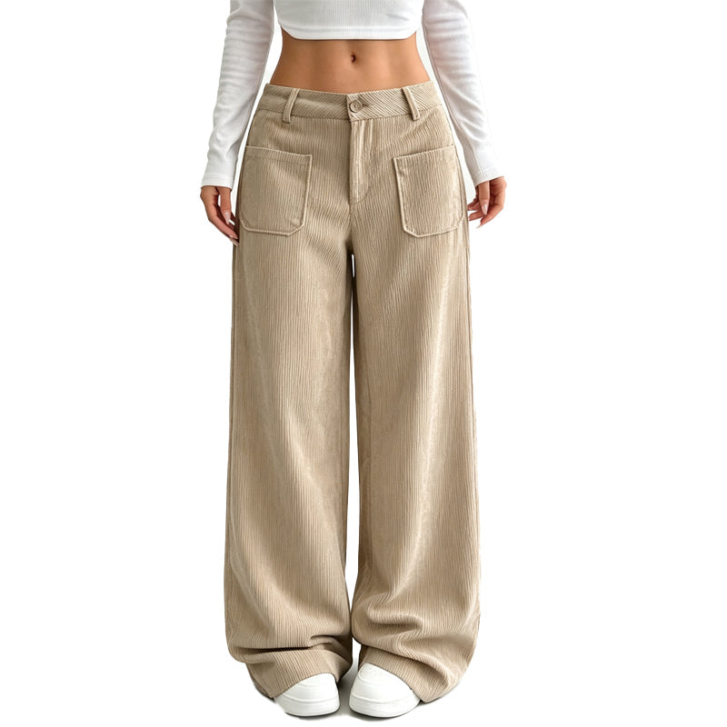 Pantalon velours côtelé femme large taille haute, coupe ample