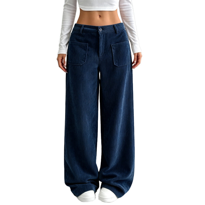 Pantalon velours côtelé femme large taille haute, coupe ample