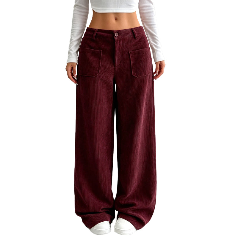 Pantalon velours côtelé femme large taille haute, coupe ample
