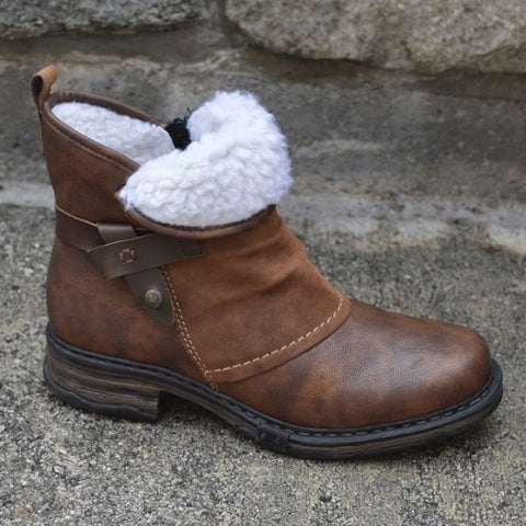 Bottines femme fourrées marron avec boucle et fermeture éclair latérale