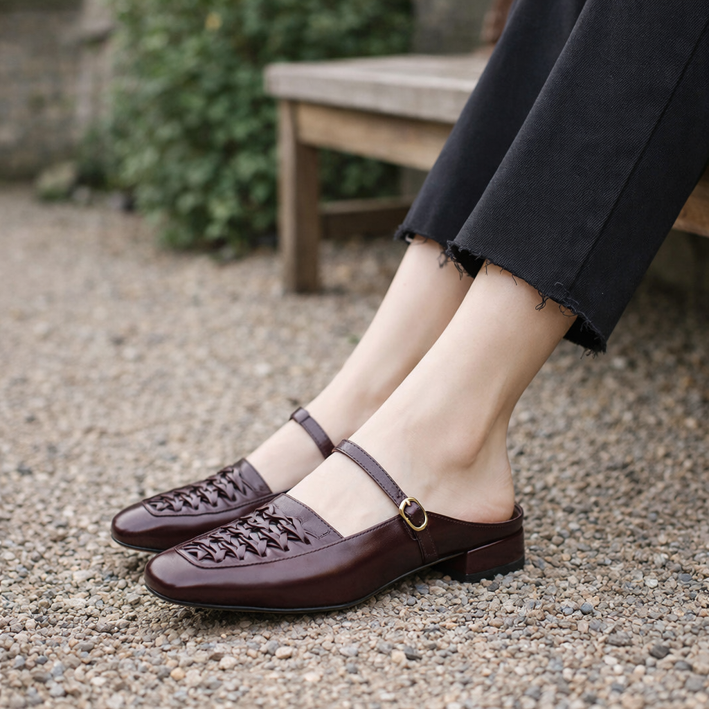 Mules Mary Jane pour femmes cuir tressé bout carré marron noir