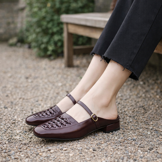 Mules Mary Jane pour femmes cuir tressé bout carré marron noir