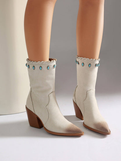 Bottines cowgirl femme bout pointu crème grande taille style western boho