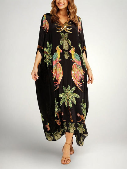 Robe femme imprimé palmiers épaules tombantes coupe ample