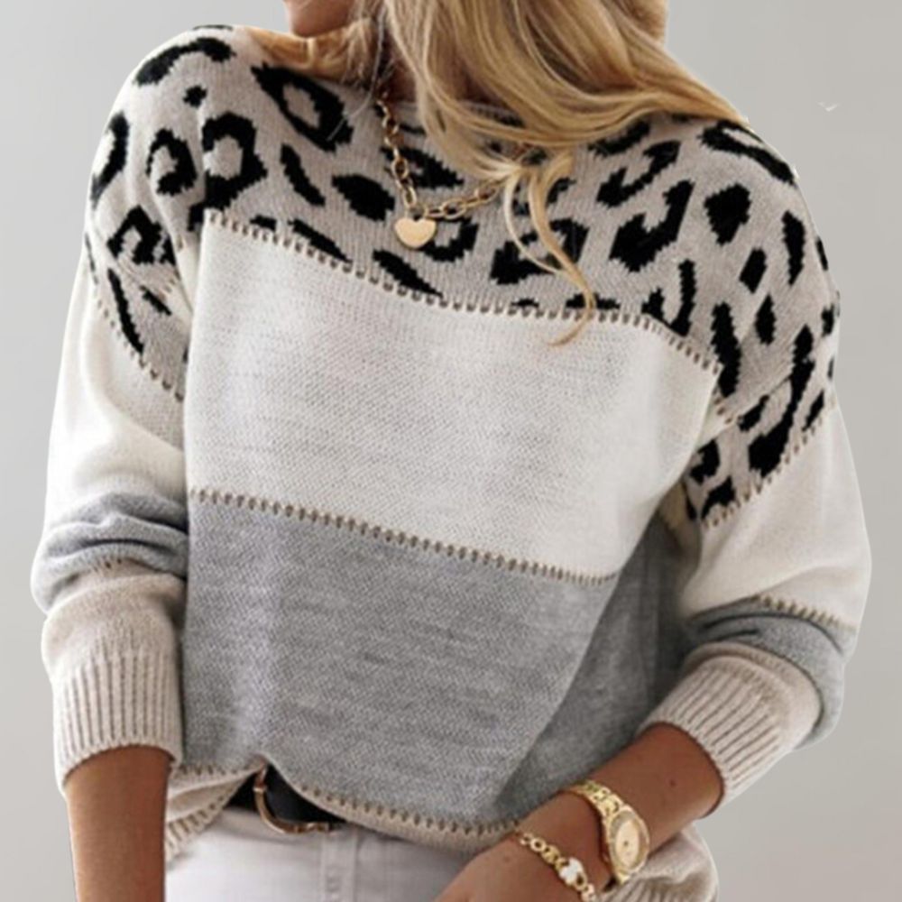 Pull femme colorblock imprimé léopard en maille douce manches longues