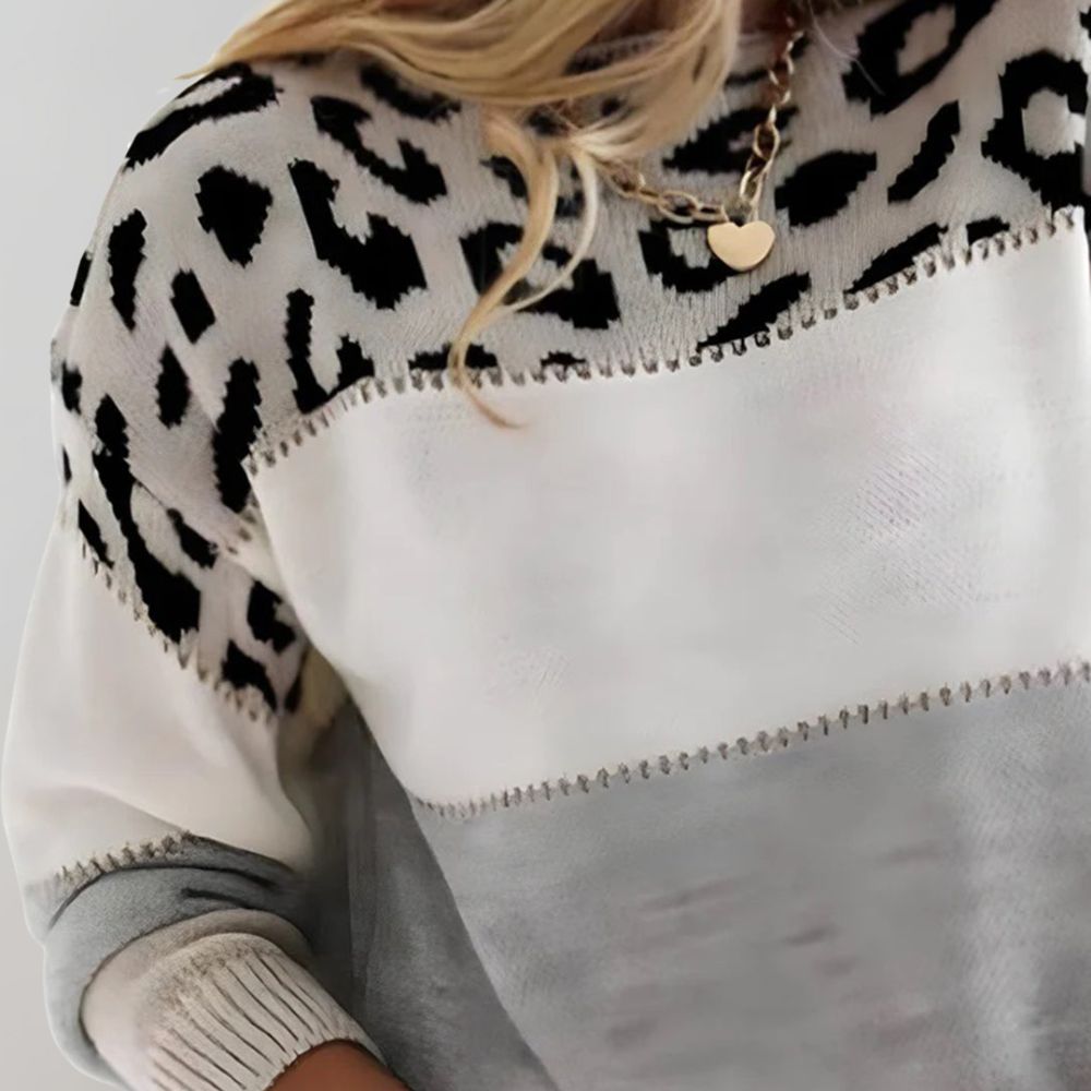 Pull femme colorblock imprimé léopard en maille douce manches longues
