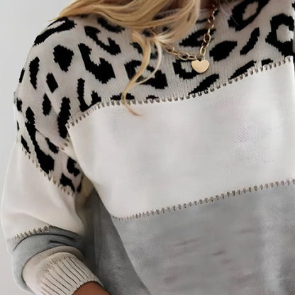 Pull femme colorblock imprimé léopard en maille douce manches longues