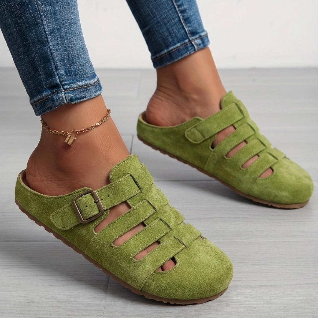 Women slip-on mule sandals with adjustable buckle and cushioned footbed support