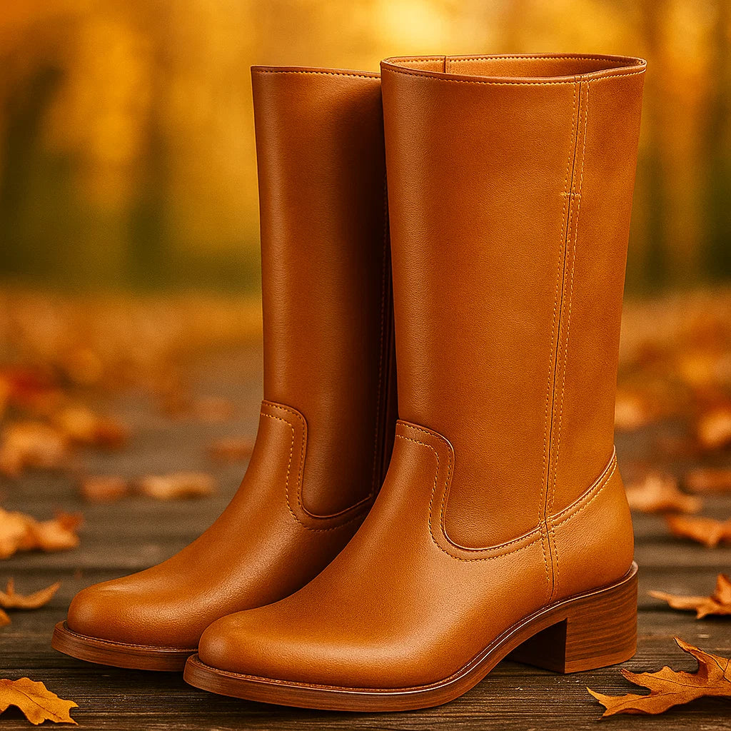 Bottes en Cuir Montantes à Talon Bloc