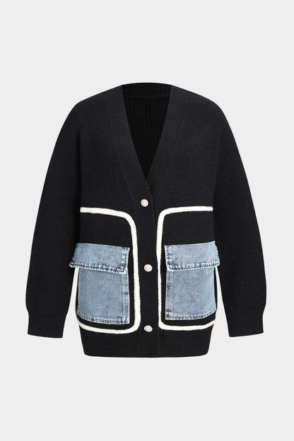 Cardigan Tricoté Femme | Noir, Poches Denim | Élégance Décontractée