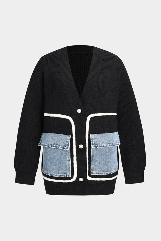 Cardigan Tricoté Femme | Noir, Poches Denim | Élégance Décontractée