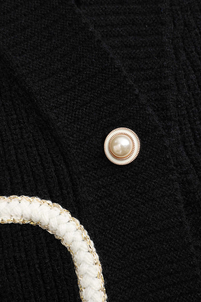 Cardigan Tricoté Femme | Noir, Poches Denim | Élégance Décontractée