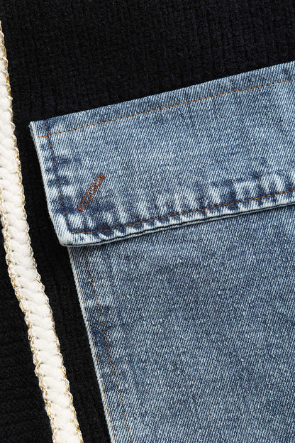 Cardigan Tricoté Femme | Noir, Poches Denim | Élégance Décontractée