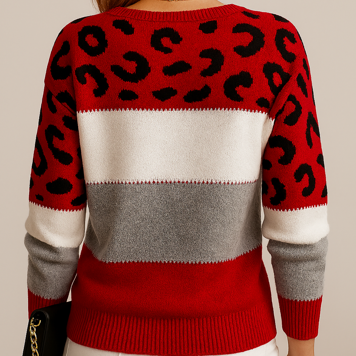Pull femme colorblock imprimé léopard en maille douce manches longues