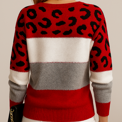 Pull femme colorblock imprimé léopard en maille douce manches longues