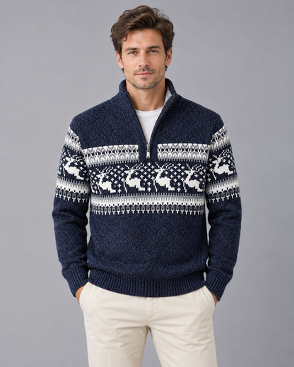 Pull de noël homme col zippé motif renne jacquard laine hiver