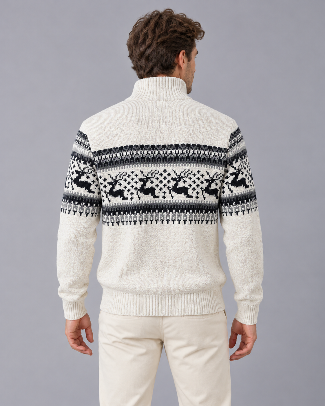 Pull de noël homme col zippé motif renne jacquard laine hiver