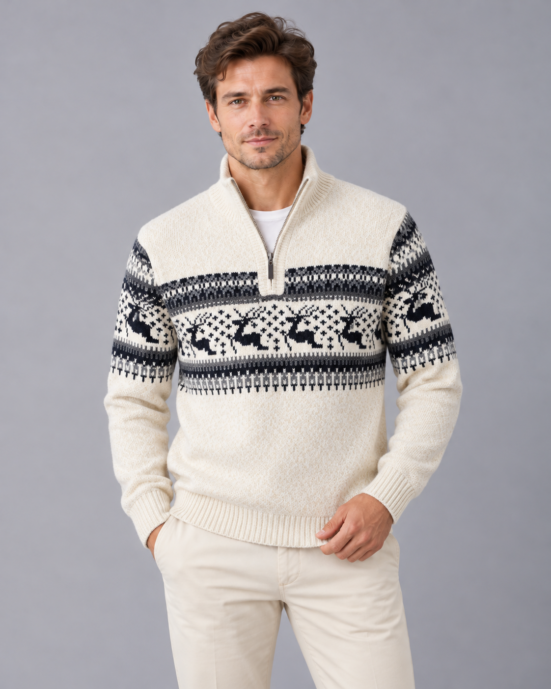 Pull de noël homme col zippé motif renne jacquard laine hiver