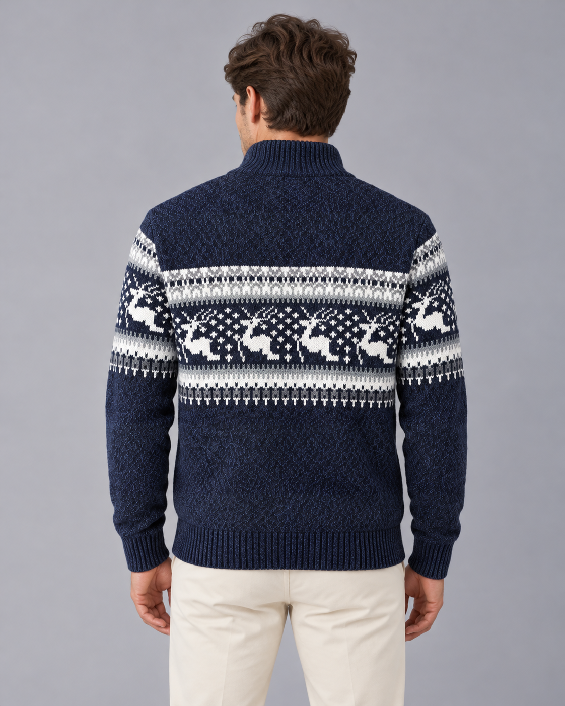 Pull de noël homme col zippé motif renne jacquard laine hiver