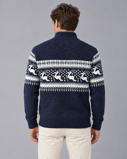Pull de noël homme col zippé motif renne jacquard laine hiver