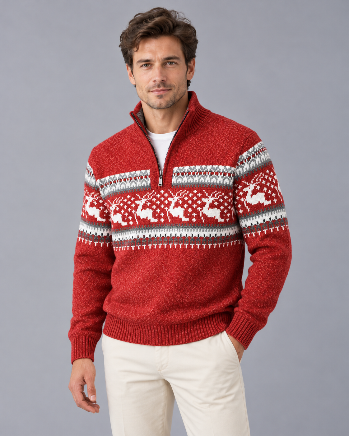 Pull de noël homme col zippé motif renne jacquard laine hiver