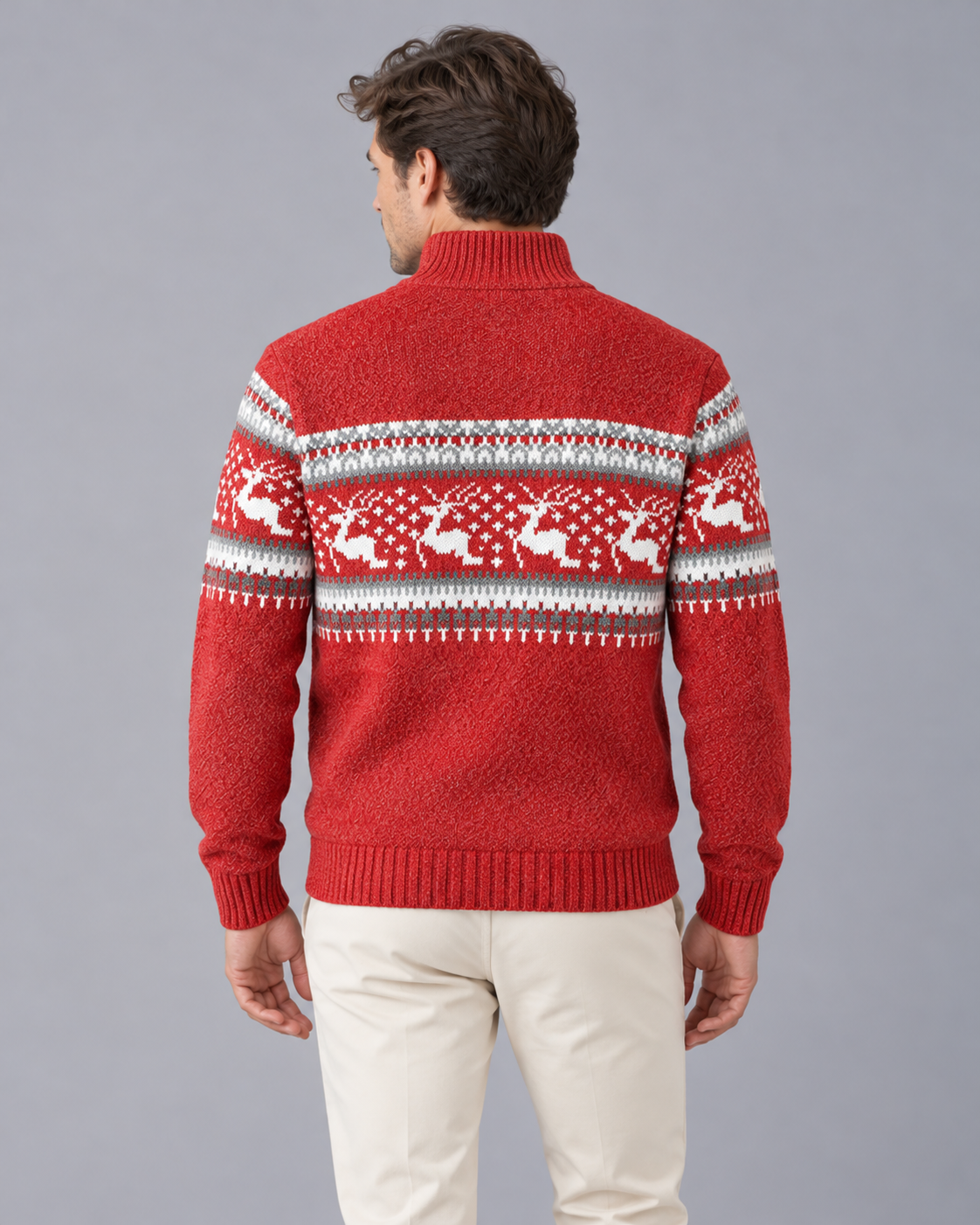 Pull de noël homme col zippé motif renne jacquard laine hiver