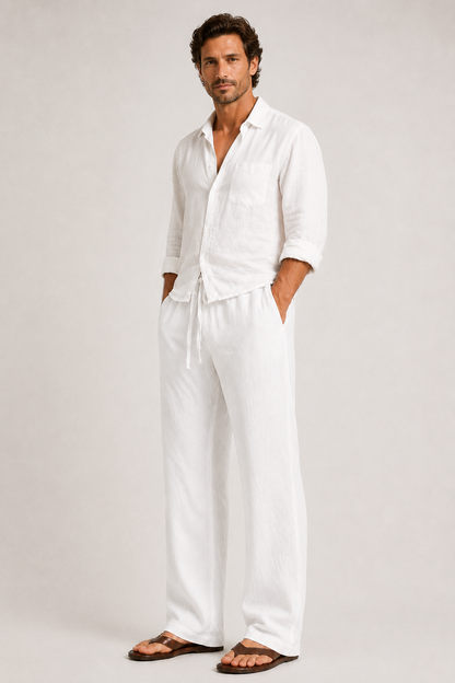 Pantalon lin homme | Respirant, coupe décontractée | Blanc, beige