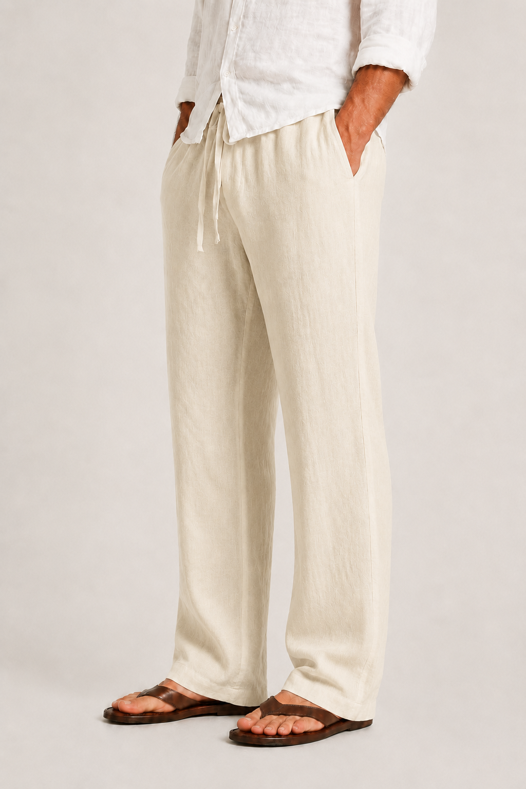 Pantalon lin homme | Respirant, coupe décontractée | Blanc, beige