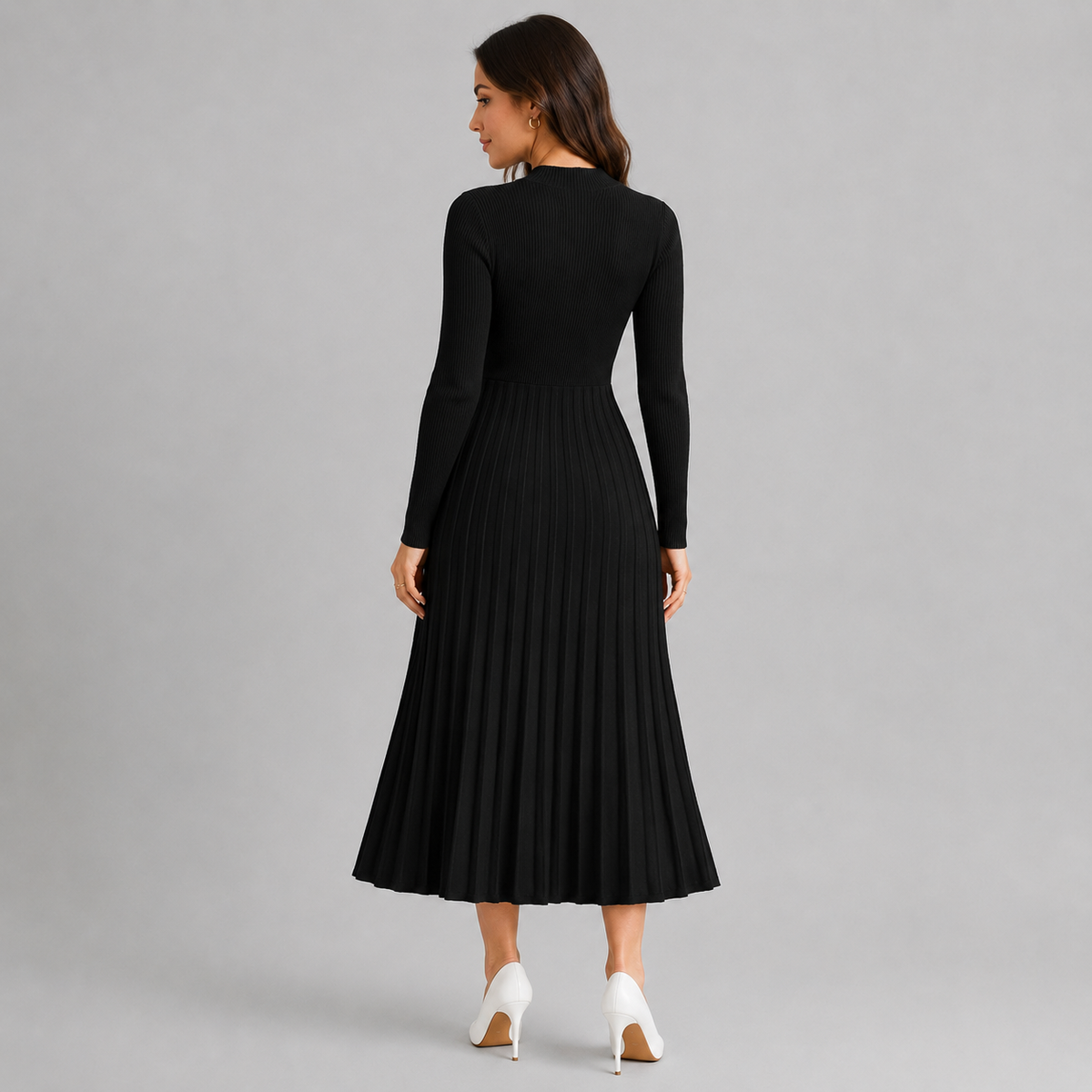 Robe pull femme col montant manches longues moulante longueur midi en maille stretch