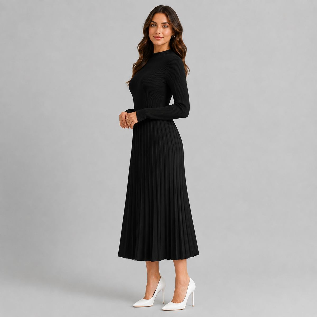 Robe pull femme col montant manches longues moulante longueur midi en maille stretch