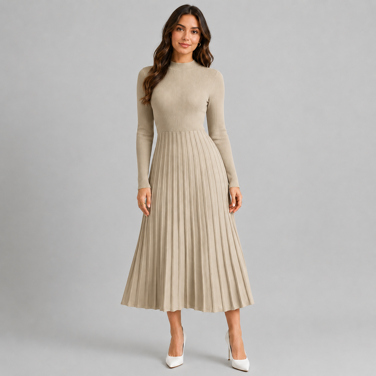 Robe pull femme col montant manches longues moulante longueur midi en maille stretch