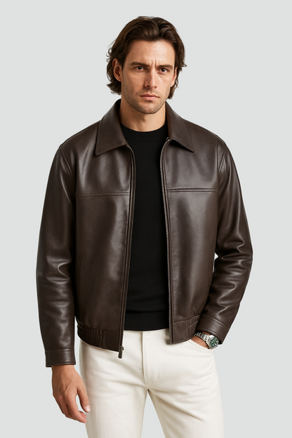Veste en cuir homme slim fit col droit avec fermeture zippée