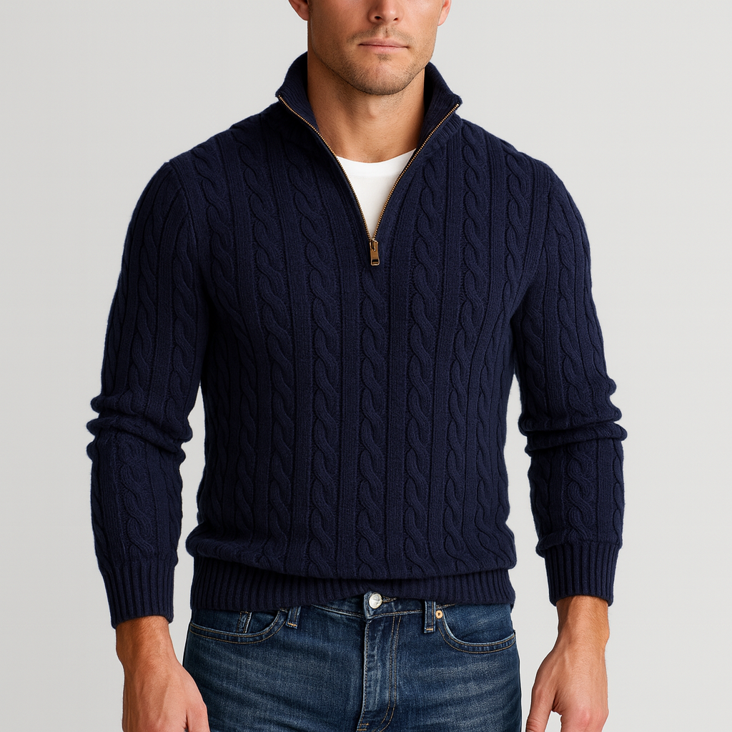 Pull homme torsadé col montant demi-zip coupe regular fit