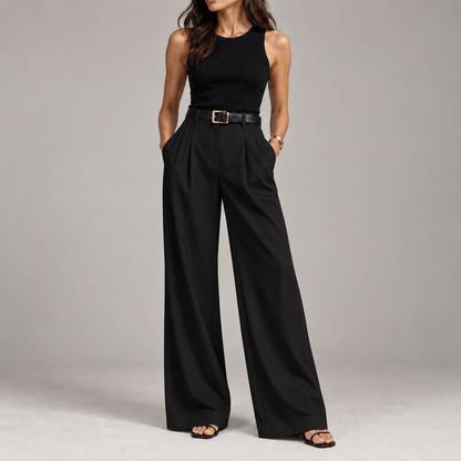 Pantalon large femme taille haute coupe tailleur, jambe ample