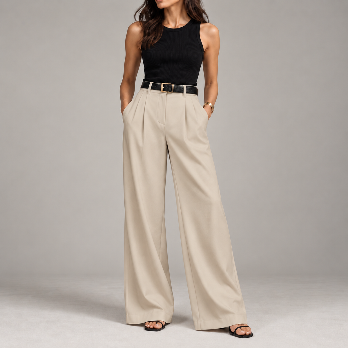 Pantalon large femme taille haute coupe tailleur, jambe ample