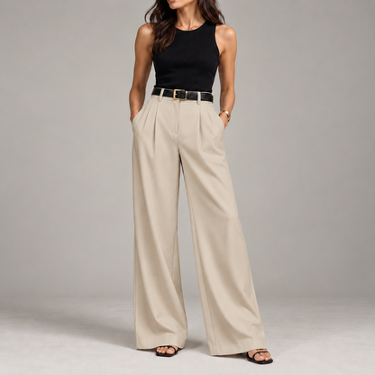 Pantalon large femme taille haute coupe tailleur, jambe ample