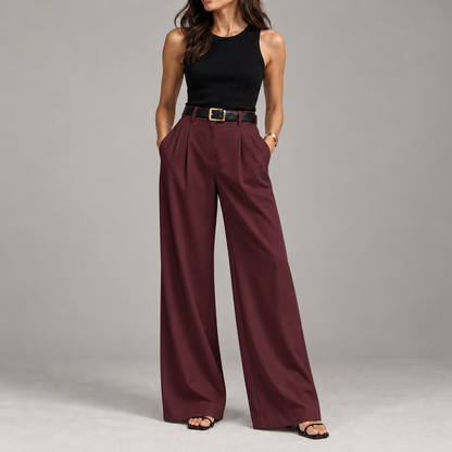 Pantalon large femme taille haute coupe tailleur, jambe ample