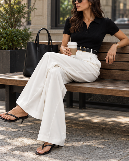 Pantalon large femme taille haute coupe tailleur, jambe ample