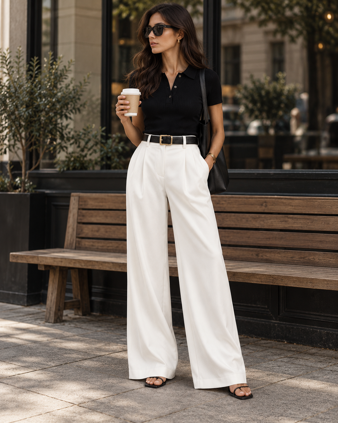 Pantalon large femme taille haute coupe tailleur, jambe ample