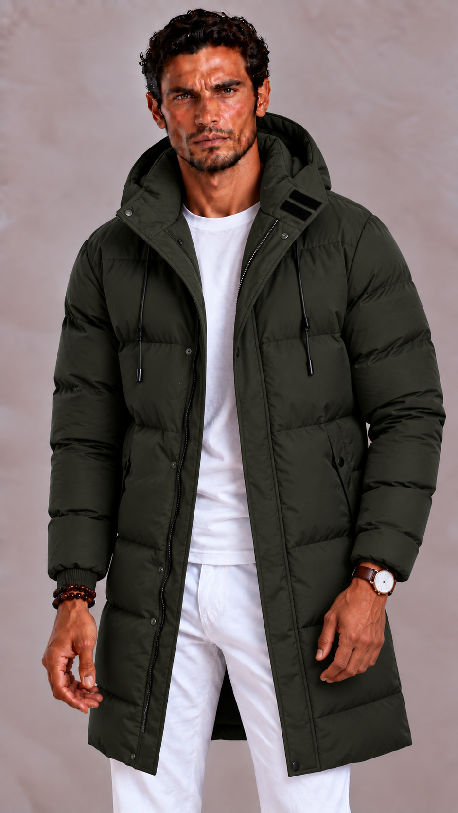 Doudoune longue homme capuche amovible fermeture zippée coupe ample