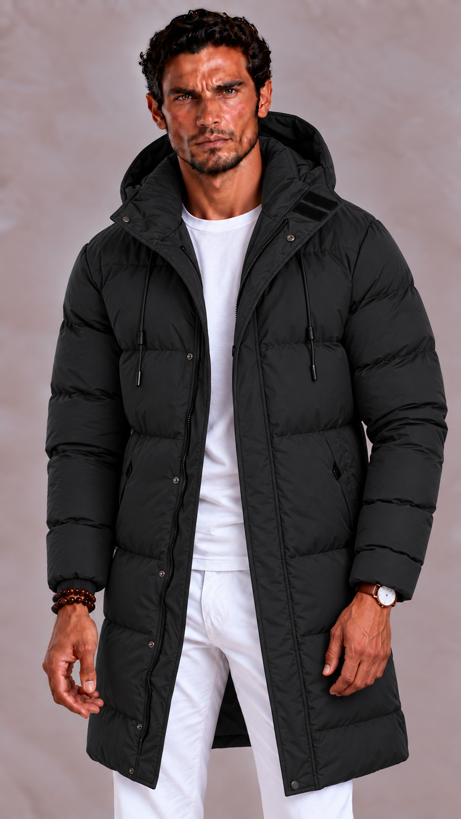 Doudoune longue homme capuche amovible fermeture zippée coupe ample
