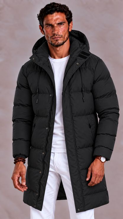 Doudoune longue homme capuche amovible fermeture zippée coupe ample